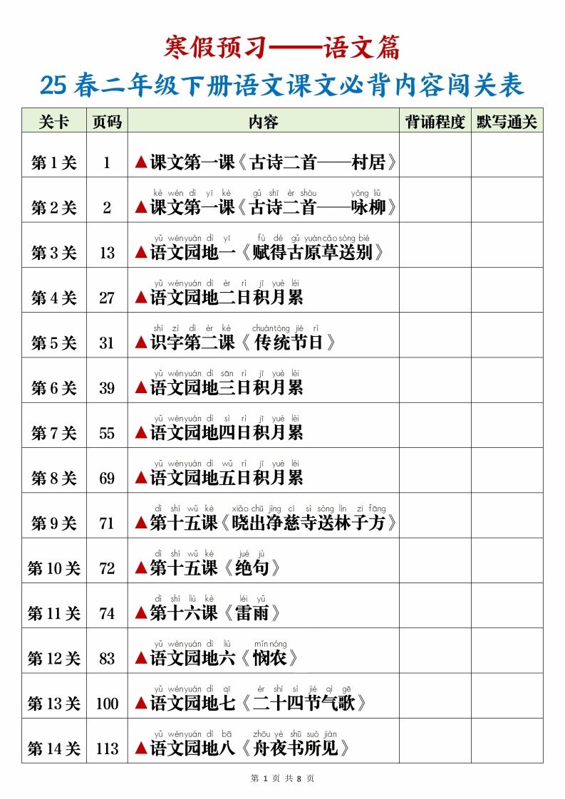 25春二下语文课文必背内容闯关表+默写8页-学习网