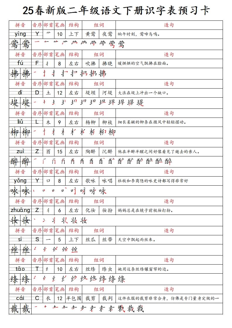 25春新二下语文识字表预习卡（组词造句拼音部首笔画笔顺结构）47页-学习网