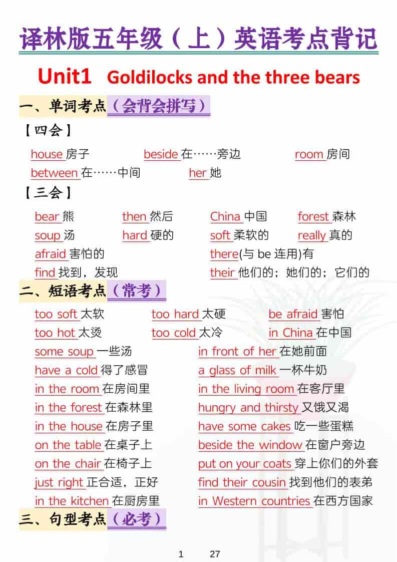 五年级上英语考点背记《译林版》-学习网