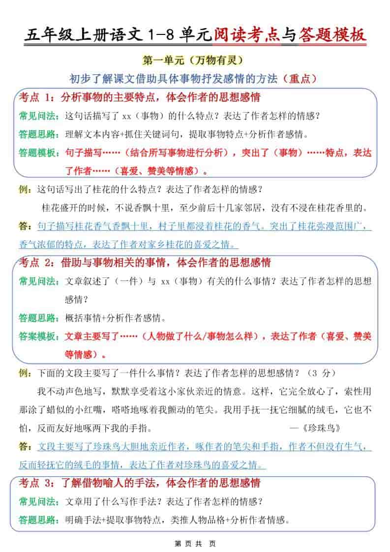 五年级上语文1-8单元阅读考点与答题模板-学习网