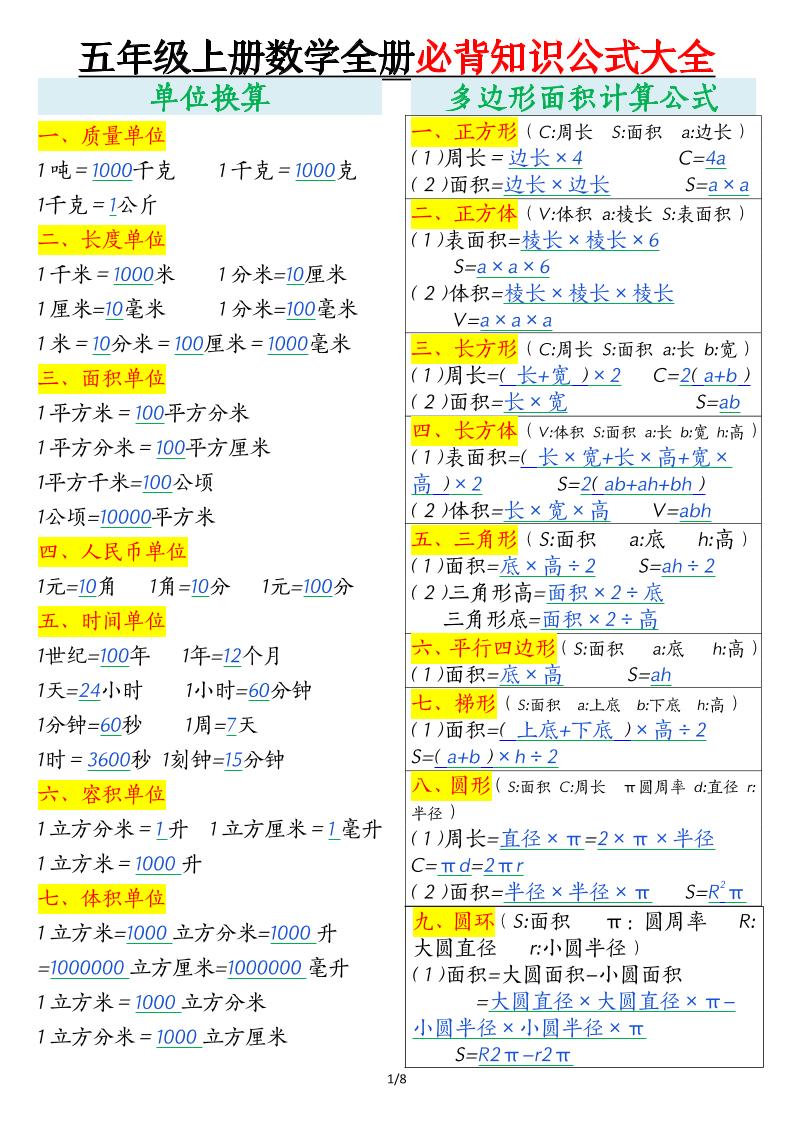 五年级上数学全册必背知识公式大全 - 学习网-学习网