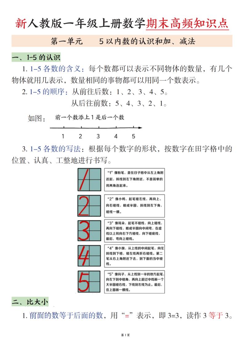 一年级上数学期末高频知识点《人教版》 - 学习网-学习网