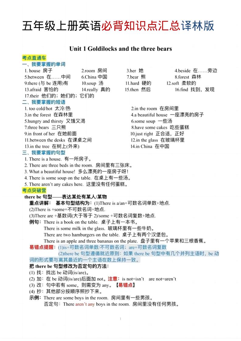 五年级上英语必背知识单《译林版》-学习网