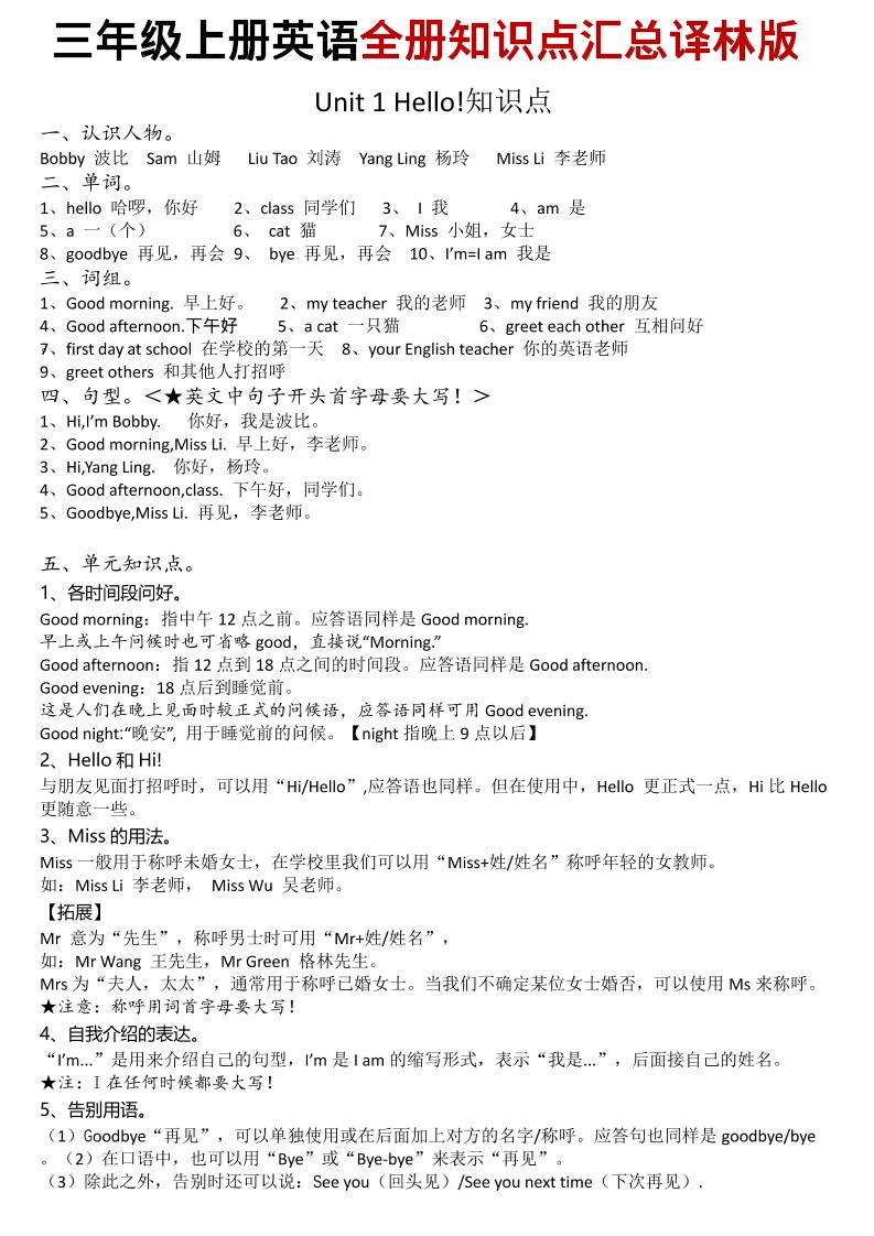 三年级上英语知识点汇总《译林版》-学习网