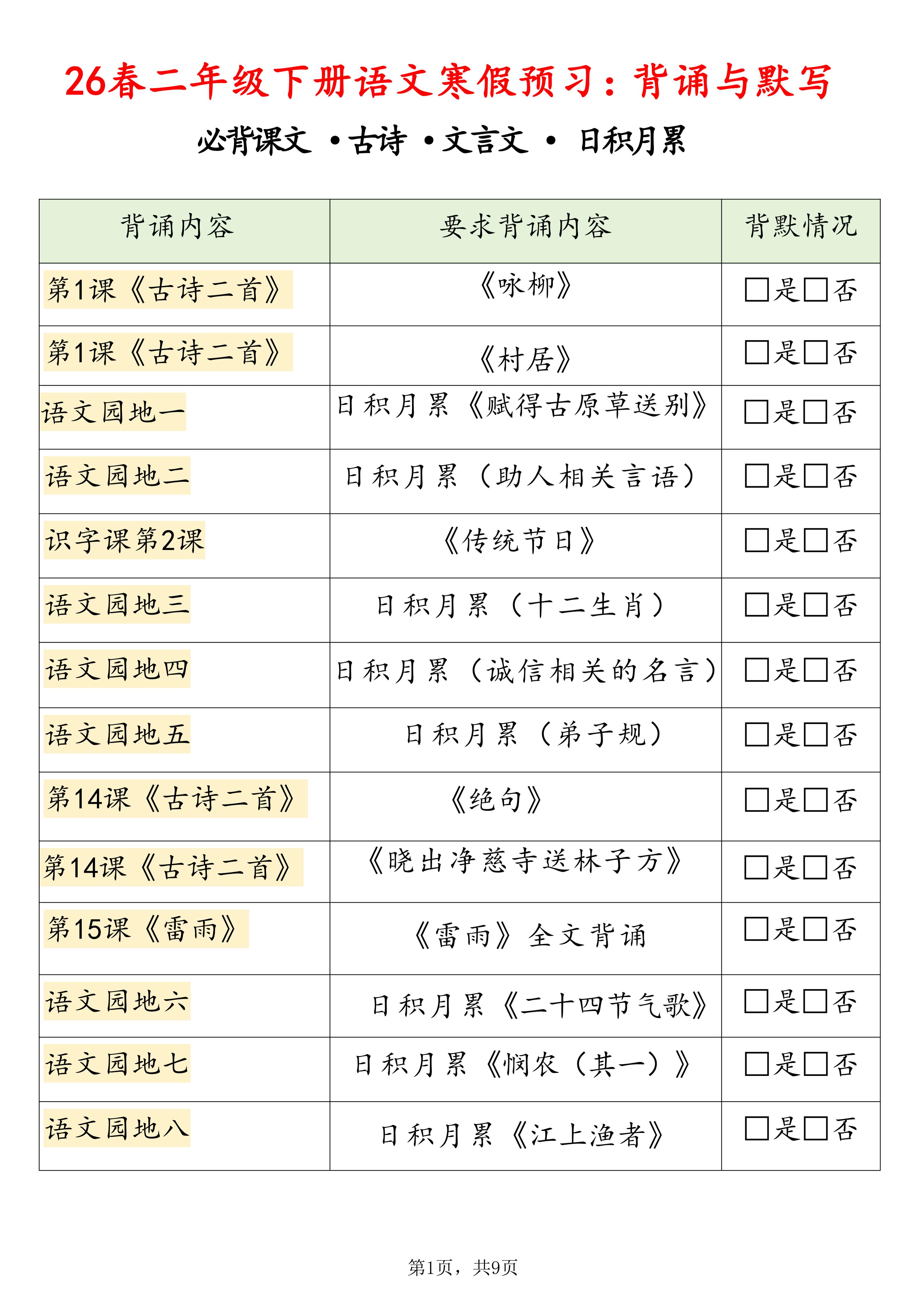 26春二下语文寒假预习背诵与默写（必背课文、古诗、文言文、日积月累）9页-学习网