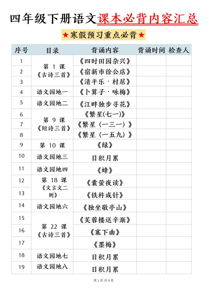 四下语文寒假预习课本必背内容汇总（9页）-学习网