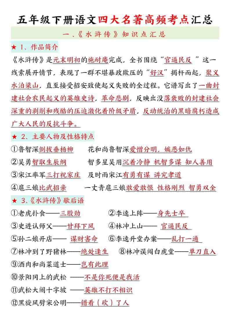 五年级下语文四大名著高频考点-学习网