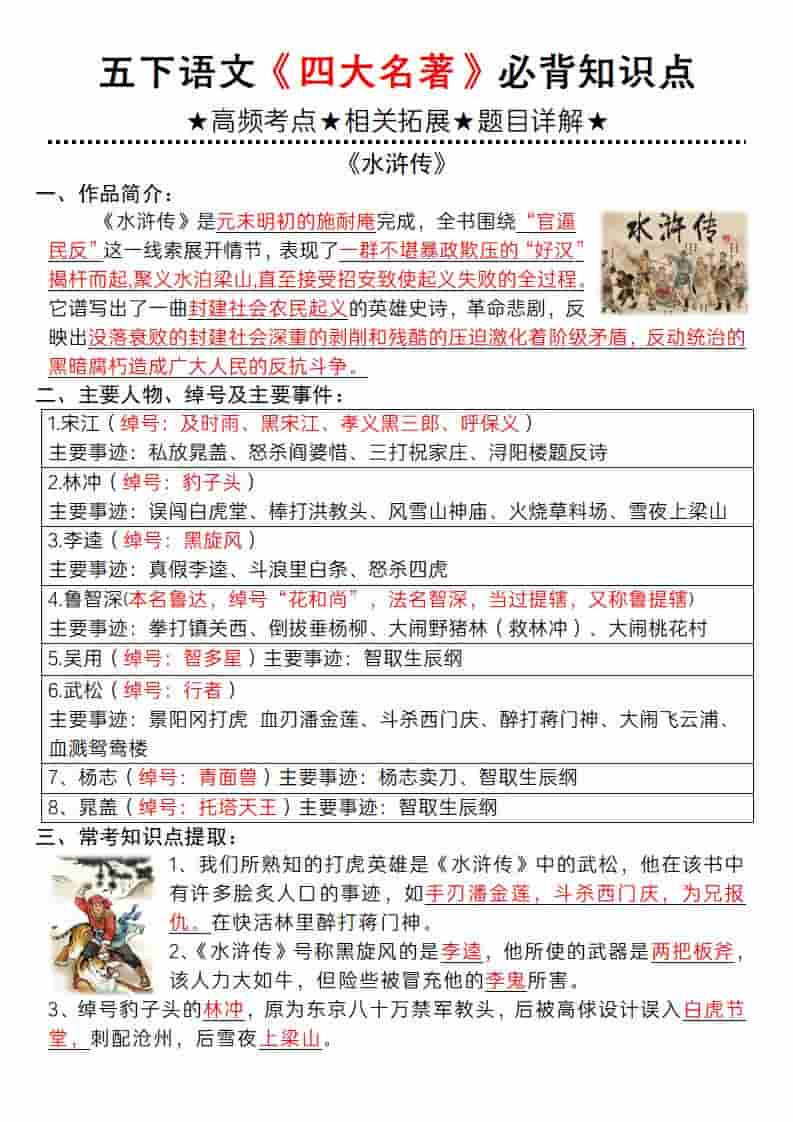 五年级下语文《四大名著》必背知识点 - 学习网-学习网