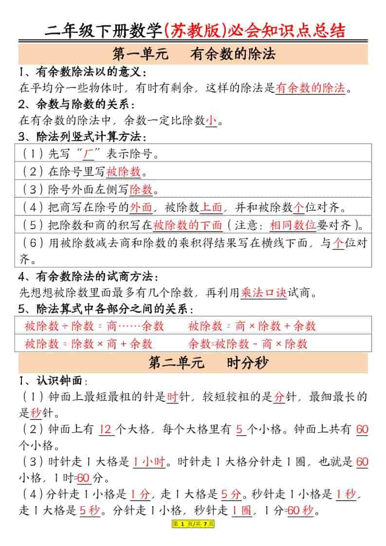 二年级下数学必会知识汇总《苏教版》-学习网